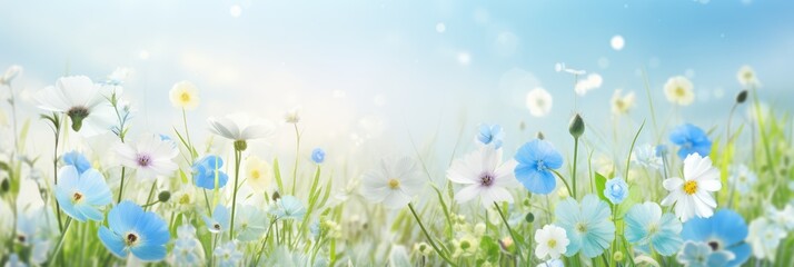 Beautiful natural background with spring and lazy flowers on a blurred background with space. Ultra-wide panoramic landscape, banner format.
