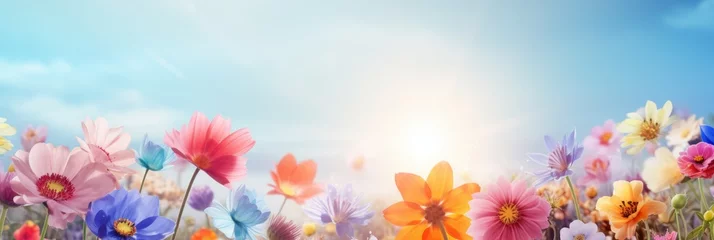 Foto op Plexiglas Beautiful natural background with spring and lazy flowers on a blurred background with space. Ultra-wide panoramic landscape, banner format. © inna717