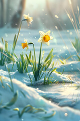 Colorful daffodil flowers and grass growing from the melting snow and sunshine in the background. Concept of spring coming and winter leaving.