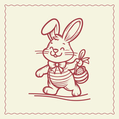 Vintage Easter bunny illustration holding a basket full of eggs