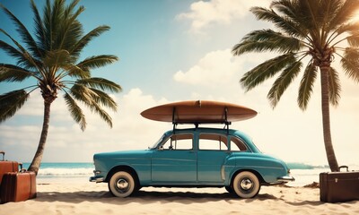 Retro car with a surfboard and suitcases on a beach with palms. Summer concept for banner with copy space