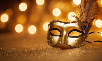 Golden carnival mask with a feather on bokeh lights background