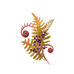 Autumn floral decoration with fallen leaves and berries. Watercolor illustration. Vintage style autumn warm colors elegant decor element. White background