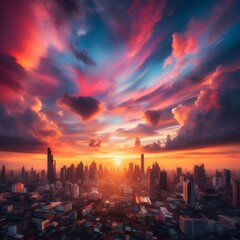  Bangkok (Thailand) 14022024- Sunset cityscape view with beautiful sky. Colorful cloud and sky sunset. - obrazy, fototapety, plakaty