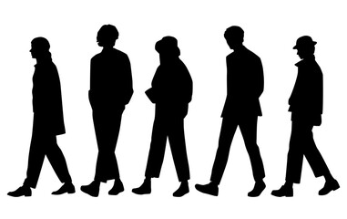 Vector silhouettes of men and a women, a group of walking business people, profile, black  color isolated on white background