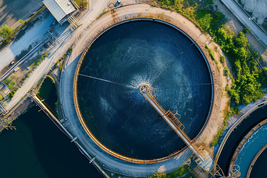 A water treatment solution, featuring an aerial top view of a recirculation solid contact clarifier sedimentation tank in an industrial setting