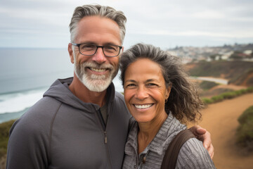 Smiling older interracial couple enjoying a walk along the coast on a windy day. Tourism in retirement.