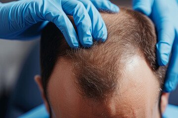 A man with a hairless head during a hair transplant procedure - obrazy, fototapety, plakaty