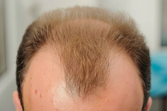 A man with a hairless head during a hair transplant procedure