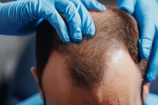 A man with a hairless head during a hair transplant procedure