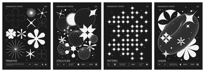 Black and White minimalistic Posters acid style with strange wireframes geometrical shapes and silhouette y2k basic figures, futuristic design inspired by brutalism, set 53