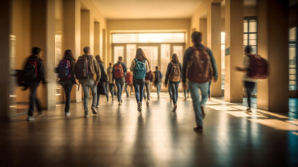 Youthful learners traversing school hallways walkways in morning. Generative AI