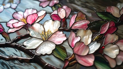 intricate stained glass portrayal of a cherry blossom, blending soft pinks and whites to convey the ephemeral beauty of these iconic spring blooms