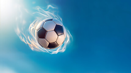 Soccer ball through the blue sky with a trail of dust. Copy space. Generative AI