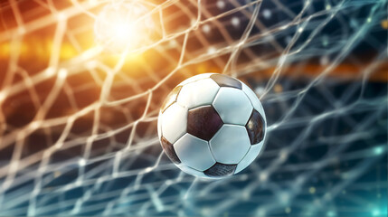 The soccer ball rockets into the opponent's goal, decisive point. Generative AI - obrazy, fototapety, plakaty