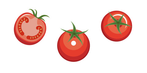 Red tomato macro. Top and side view. Half a tomato - a cut tomato. Vector icons.