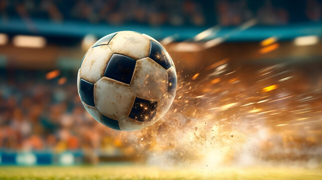 the soccer ball rolling across the turf of the stadium, Football. Generative AI
