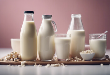 Obraz na płótnie Canvas Different types of vegan non diary milk Health care and diet concept