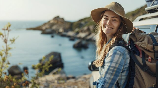 Young woman standing on a cliff near the sea. She is wearing a hat, a plaid shirt, and a backpack. She has a warm smile on her face.