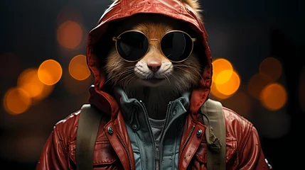 Fotobehang A trendy squirrel flaunts a streetwear-inspired ensemble, complete with a hoodie and fashionable sunglasses. It strikes a pose against a solid background, exuding urban style and confidence © Noman