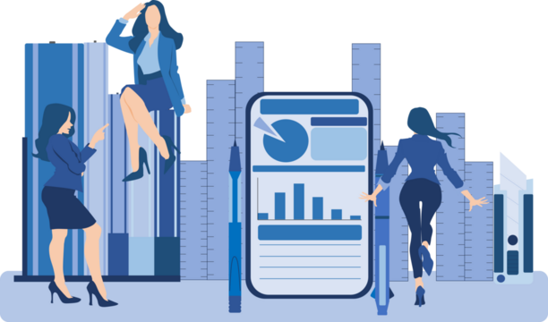 大きい文房具がある近未来オフィスで仕事をするビジネスウーマンたちのイラスト