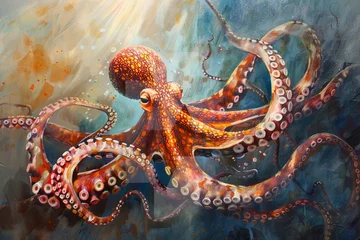 Gordijnen Majestic octopus gliding through sunlit waters, its tentacles undulating with the rhythm of the ocean's pulse © MUmar