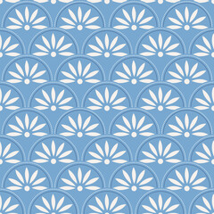 Fototapeta na wymiar Elegant blue and white floral geometric pattern, Japanese style ideal for wallpaper, textile design, and decorative backgrounds.