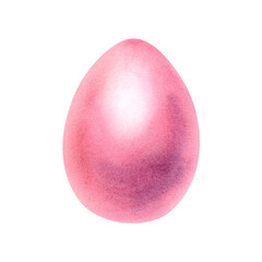 A pink watercolor chicken egg on a white background. Festive Easter hand-painted illustration. Postcard design, banner printing, clipart for designers.