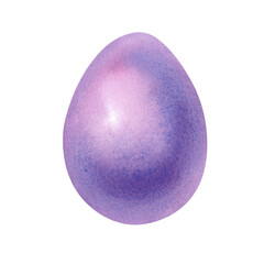 Purple watercolor chicken egg on a white background. Festive Easter hand-painted illustration. Postcard design, banner printing, clipart for designers.