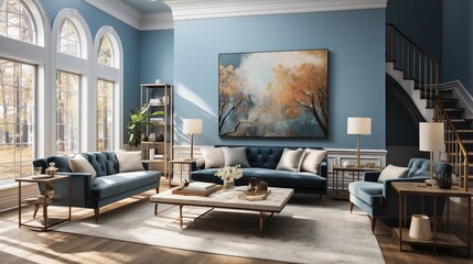 A serene living room with pale blue walls and dark navy blue accent furniture