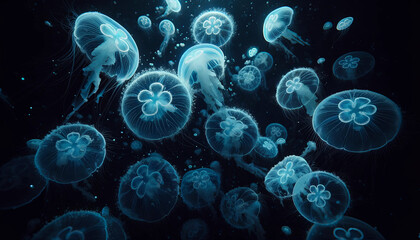 Bioluminescent Jellyfish Drifting in the Marine Abyss