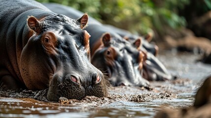 Fototapeta premium lively portrayal of hippos enjoying a mud pool, highlighting their submerged bodies and powerful yet playful movements