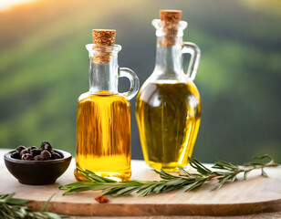 Obraz na płótnie Canvas Mediterranean Essence: Olive Oil’s Liquid Gold. Artisan olive oil, rich and pure, captured in a rustic setting