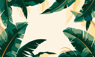 tropical leaves design vector green leaf on beige background. copy space for text in the middle.