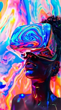 young black woman wearing VR headset with swirling abstract painting around.