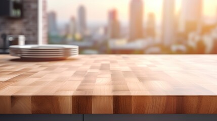 A stylish urban kitchen setting featuring a butcher block countertop with a stack of plates, highlighted by the warm glow of a cityscape through the window.