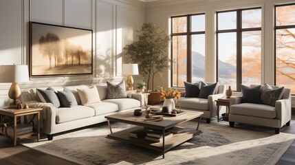 Naklejka premium A serene living room with pale ivory walls and deep slate gray accent furniture