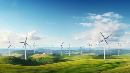 An inspiring landscape showcasing a wind farm with towering turbines dotting the rolling green hills under a dynamic sky, highlighting sustainable energy practices