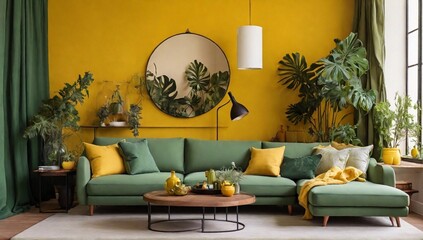 Living room interior with yellow background 