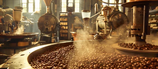 Keuken foto achterwand coffee beans roasting production industrial concept background © Menganga