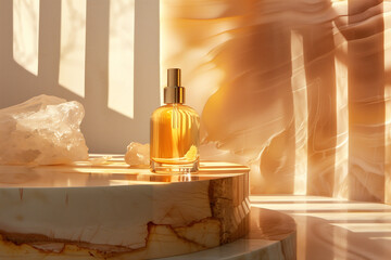 Bottle of a perfume isolated on a shiny golden background - obrazy, fototapety, plakaty