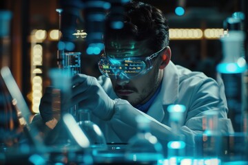Focused scientist wearing safety goggles examines biological samples in a high-tech laboratory setting.