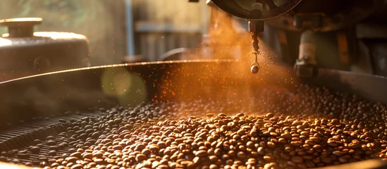 Fotobehang coffee beans roasting production industrial concept background © Menganga
