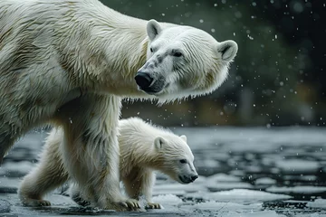 Foto op Canvas Mother Polar Bear and Cub Walking in the Rain © D