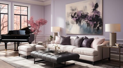 A serene living room with whispering lilac walls and ebony black accent furniture