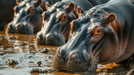 Fototapeta premium lively portrayal of hippos enjoying a mud pool, highlighting their submerged bodies and powerful yet playful movements