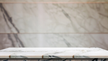 Empty white marble stone table top on an interior background; copy space for display products