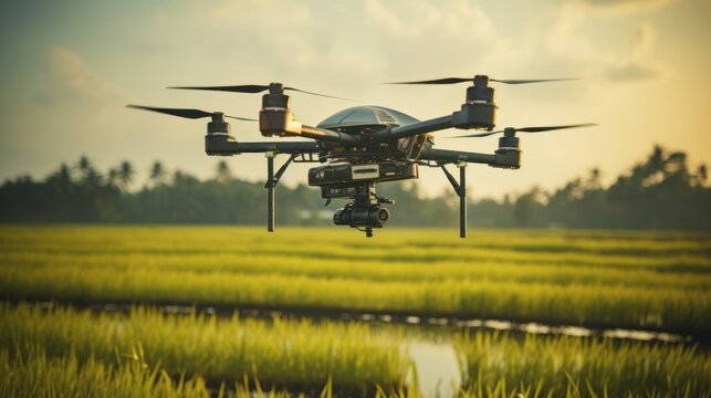 drone is flying over the rice fields. agricultural technology Sustainability innovation Download this image for use on agricultural technology 