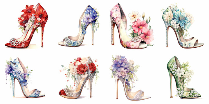 wedding high heels, wedding shoes in vintage watercolor on isolated background, generated ai
