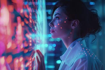 A focused female medical professional reviews detailed brain scans on advanced monitors in a high-tech laboratory.